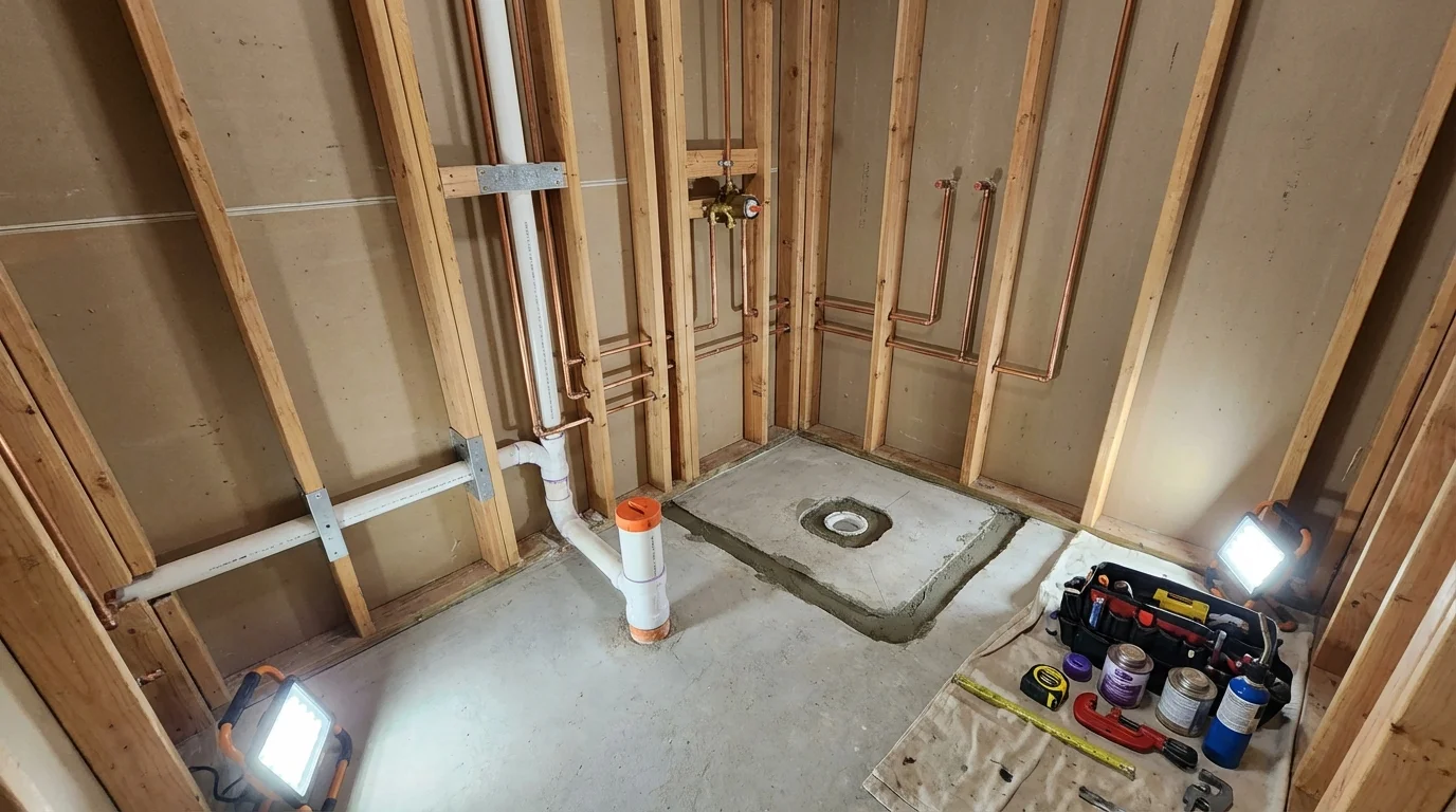Bathroom rough-in plumbing during remodel by Johns Plumbing LLC in Woodville