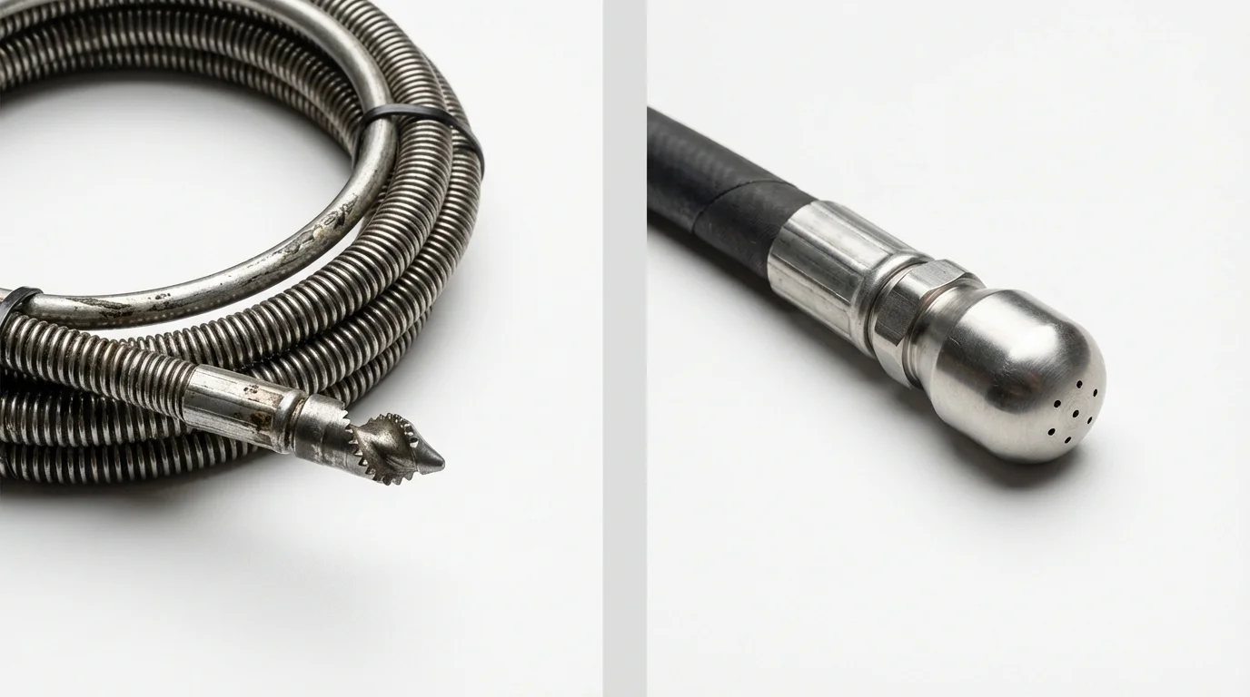Drain snake cable and hydro jetting nozzle used for drain cleaning in Woodville, WI