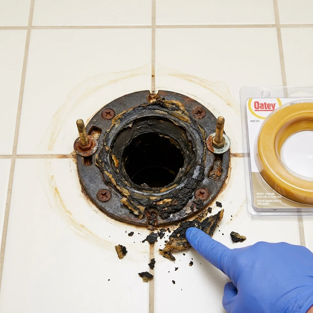 Failed wax ring showing water seepage at the base of a toilet in a Woodville, WI home