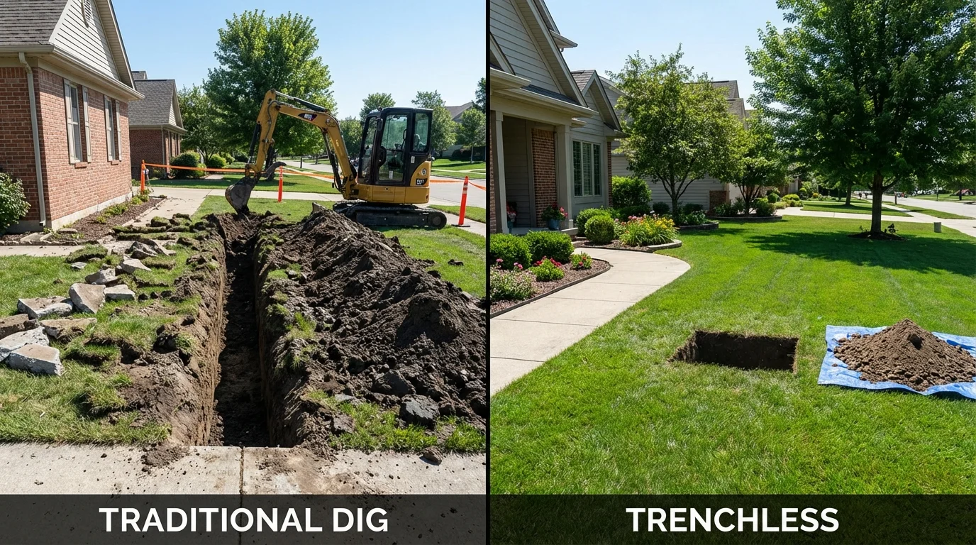 Trenchless sewer repair with minimal yard damage versus traditional excavation in Woodville, WI