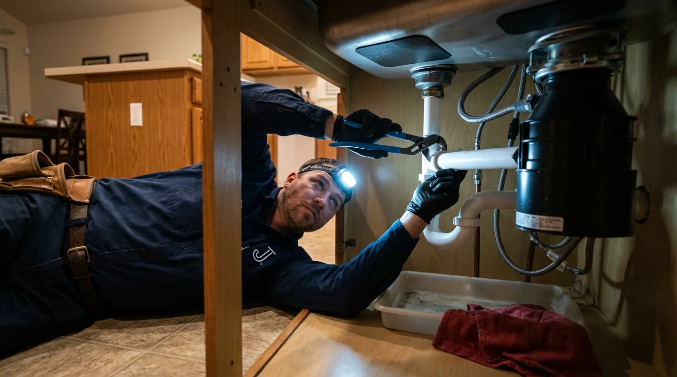 P-trap and supply line connections under a kitchen sink showing a common leak point in Woodville, WI